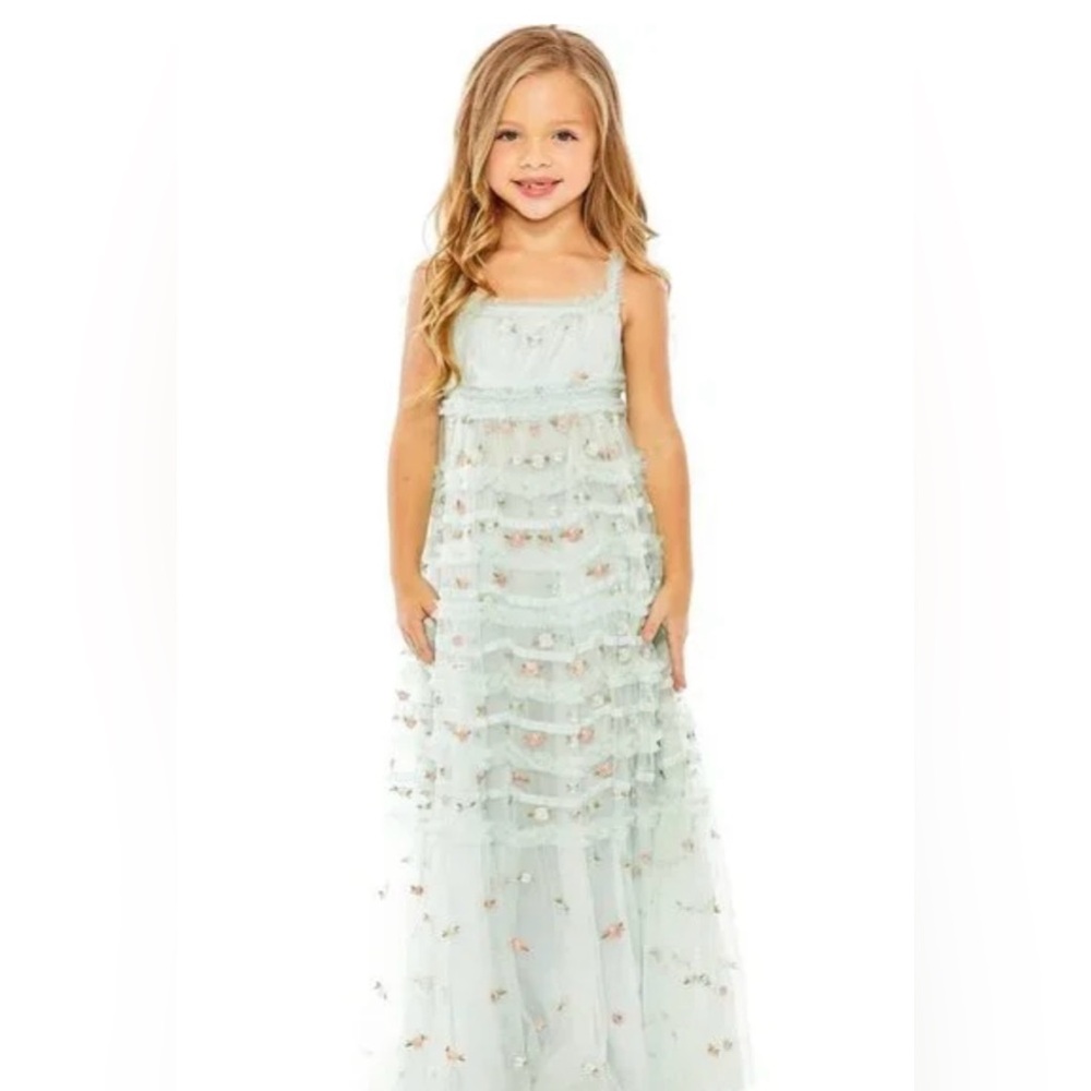 GIRLS Mac Duggal Dress Ruffle Tiered Floral Embroidered 8217 Blue Multi Size 4